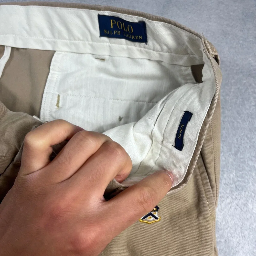 Polo Ralph Lauren Mens 38x30 Slim Fit Embroidered Crest Chino Pants Tan Khaki